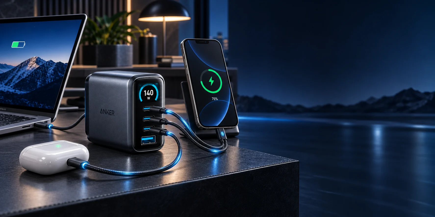 شارژ هم‌زمان لپ‌تاپ، موبایل و ایرپاد با شارژر چهار پورت Anker 140W