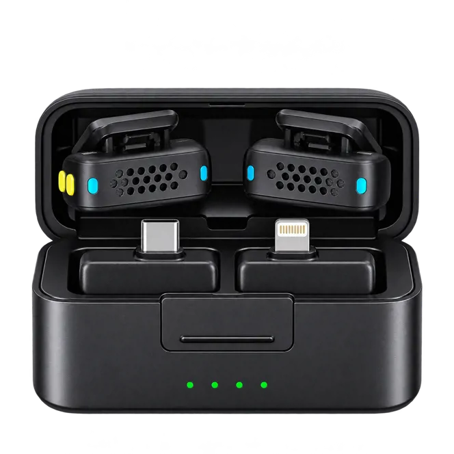 میکروفون یقه‌ای بی‌سیم دو نفره Porodo Orion مدل PDLAMPHF75BK با گیرنده USB-C و Lightning تصویر 5