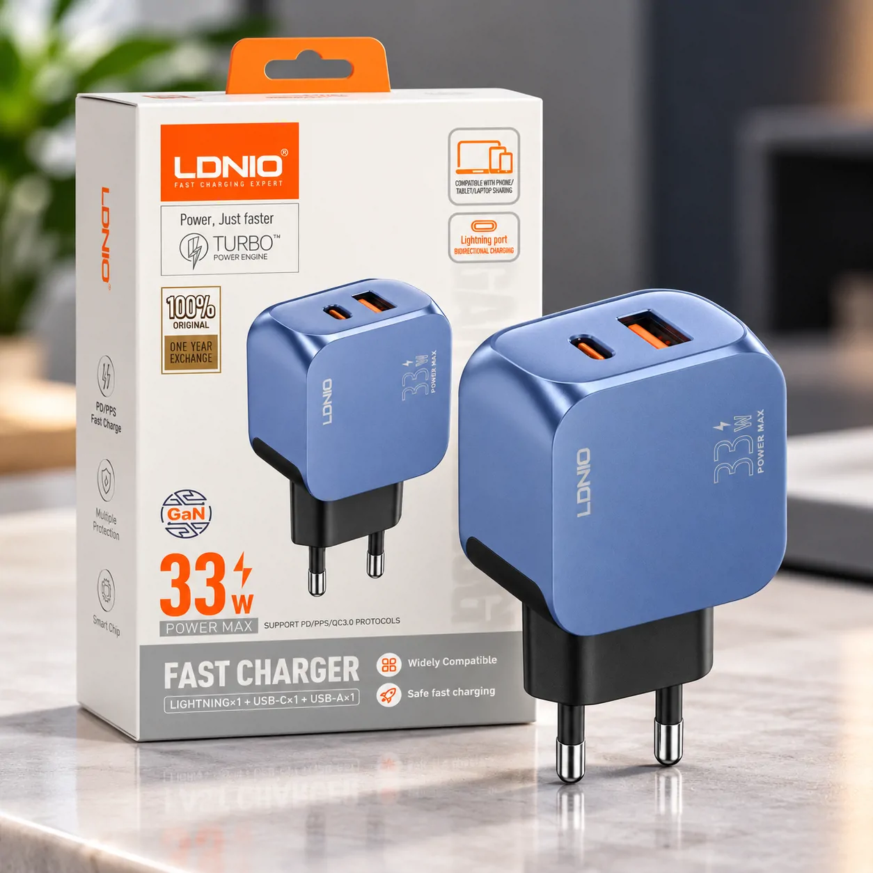 شارژر دیواری ۳۳ وات الدنیو LDNIO Q5 GaN سه‌درگاهی با USB-C، USB-A و لایتنینگ تصویر 2