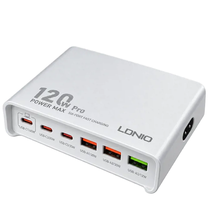 شارژر رومیزی ۶ پورت LDNIO Q605EU با توان مجموع ۱۲۰ وات