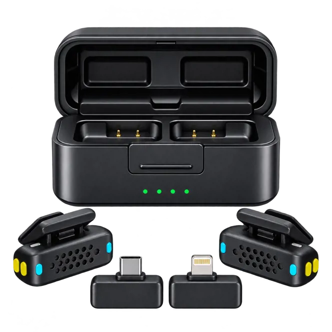 میکروفون یقه‌ای بی‌سیم دو نفره Porodo Orion مدل PDLAMPHF75BK با گیرنده USB-C و Lightning تصویر 3