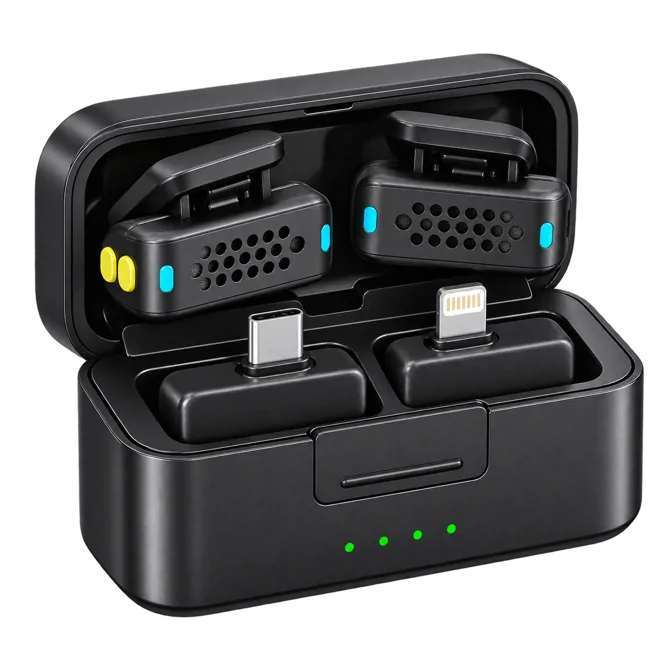 میکروفون یقه‌ای بی‌سیم دو نفره Porodo Orion مدل PDLAMPHF75BK با گیرنده USB-C و Lightning تصویر 4