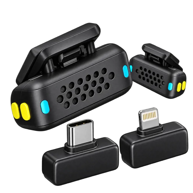 میکروفون یقه‌ای بی‌سیم دو نفره Porodo Orion مدل PDLAMPHF75BK با گیرنده USB-C و Lightning تصویر 2